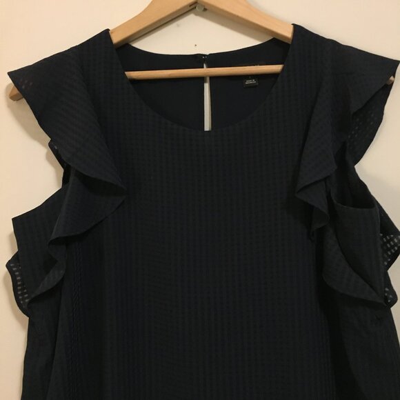 Ann Taylor Navy Blue Ruffled Flutter Sleeveless Blouse - Picture 3 of 14